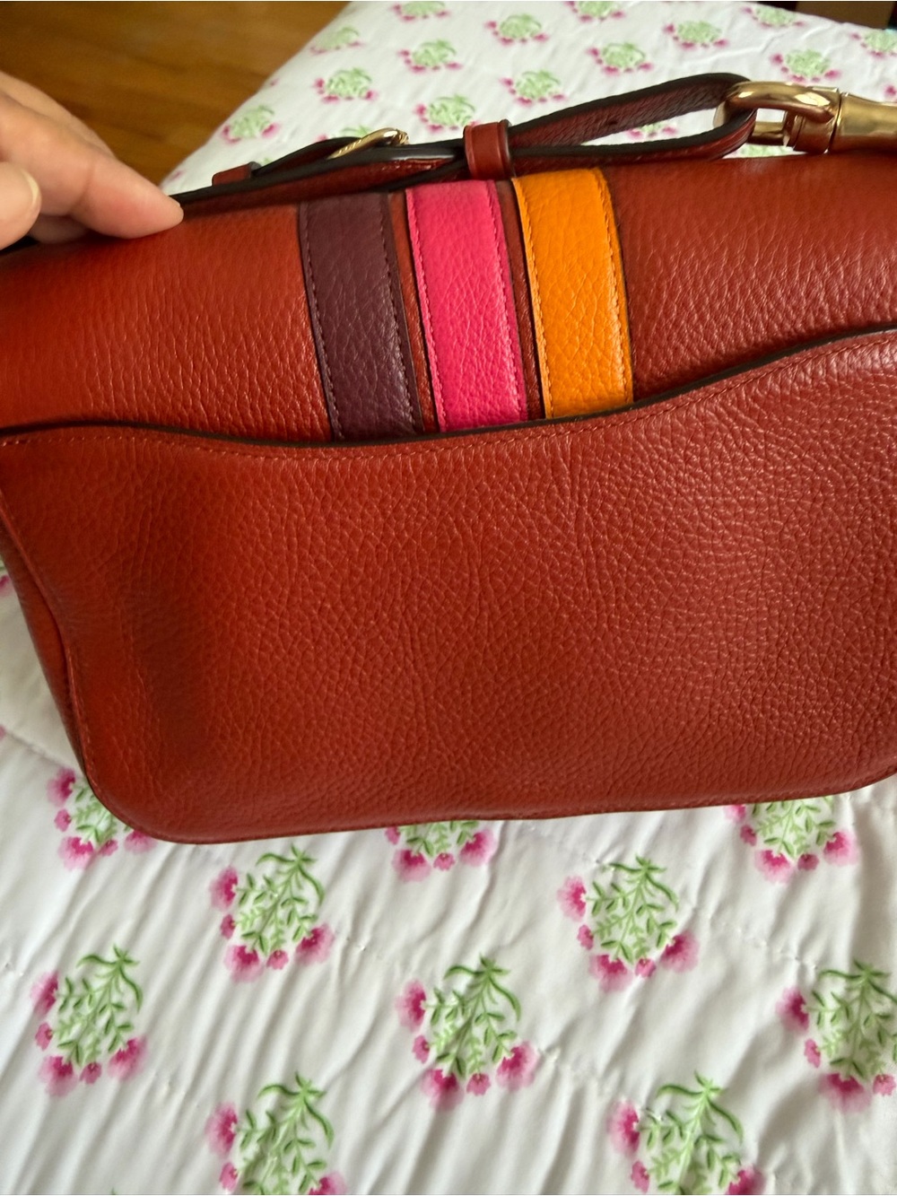 COACH Brown Leather Crossbody with Orange, Pink & Burgundy Stripes-Jes Messenger - Picture 7 of 9